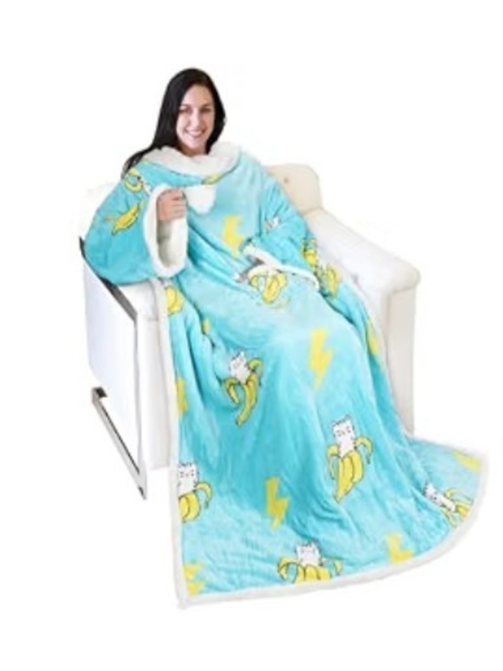 Plush Blue Banana Cat Sherpa Wearable Blanket